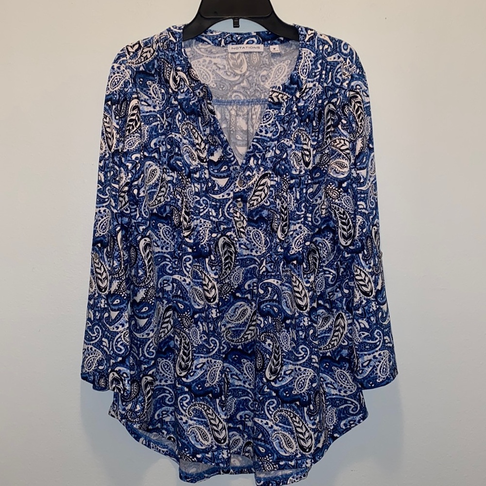 Notations Blue Black and White Abstract Print Long Sleeve Vintage Blouse